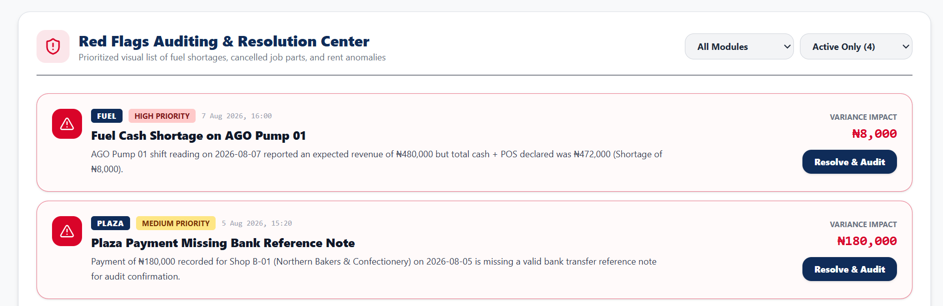 Central dashboard — red flags auditing and resolution centre